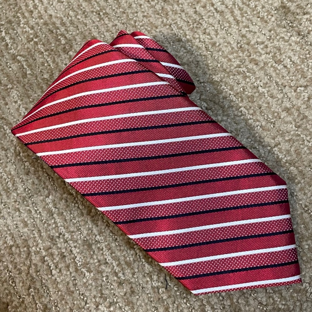 Robert Talbott Mens Silk Tie Red White Repp Striped Hand Sewn USA Classic 3.5"